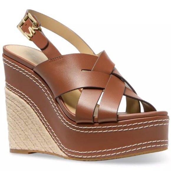 NWT Michael Kors Nora Wedge Leather Sandals 7 MSRP $150 Luggage - Picture 2 of 5
